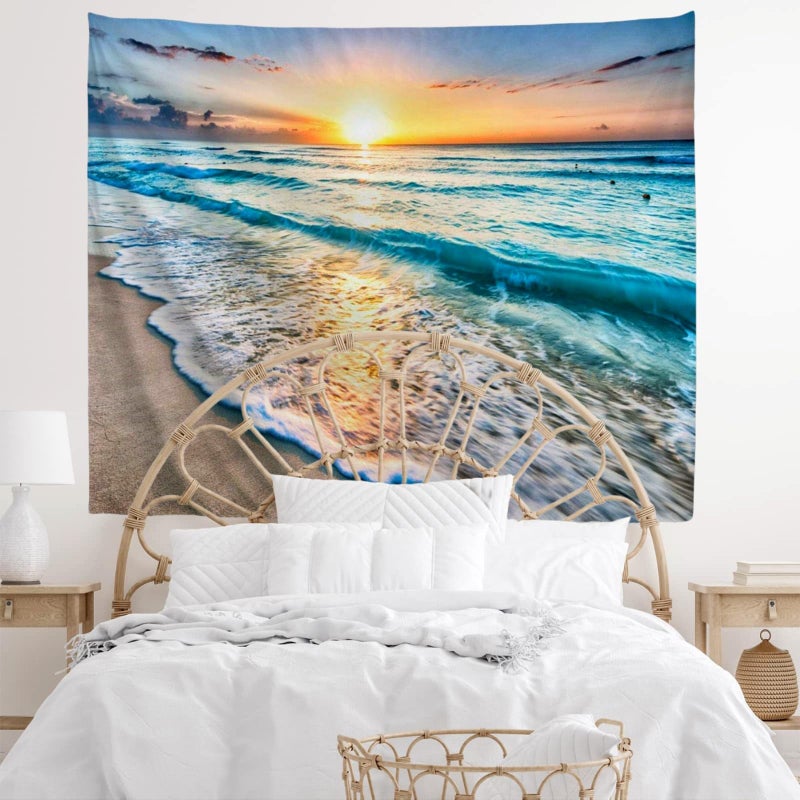 IcosaMro Beach Tapestry Wall Hanging, Ocean Sunset Sea Beach Wave Landscape Scenery Nature Wall Decorations Bohemian Home Decor for Bedroom, Dorm, College, Living Room, 51x60, Blue - Image 3